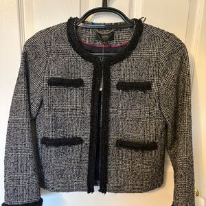 J. Crew Black & White Tweed Fringe-Trim Jacket